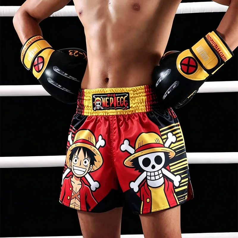 One Piece Luff Muay Thai Shorts Mens Training Pants Anime Gym Sports Fitness Jogging Short Pants Martial Arts Fight Equipment