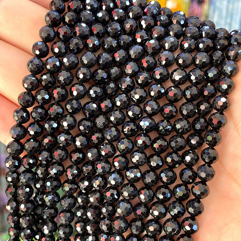 6MM Faceted Black Tourmaline Natural Stone Loose Round Spacer Beads for Jewelry Making Diy Earrings Bracelets Charms Accessories