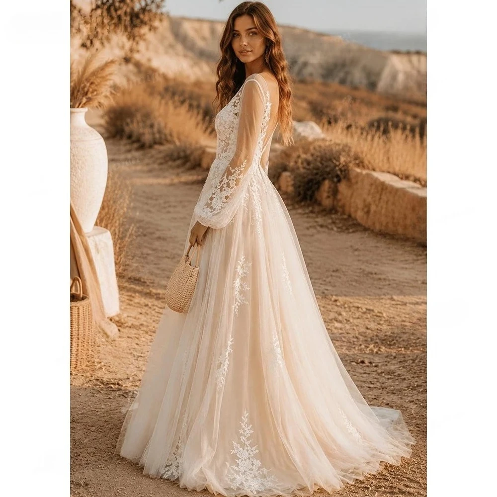 Gorgeous V Neck Lace Wedding Dresses Boho Long Sleeves Floral Appliques Tulle A Line Plus Size Bridal Gown Custom Vestido Novia