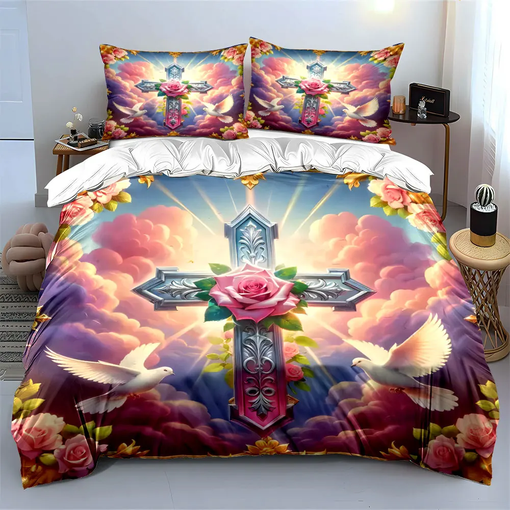 Cross, roses, clouds, doves Print Soft Comfortable Duvet Cover Bedding Set Included 1*Duvet Cover  2*Pillowcases Luxury Gift