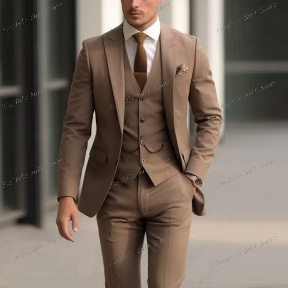 

New Khaki Business Suit Groom Groomsman Prom Wedding Party Formal Occasion Men Tuxedos 3 Piece Set Blazer Vest Pants