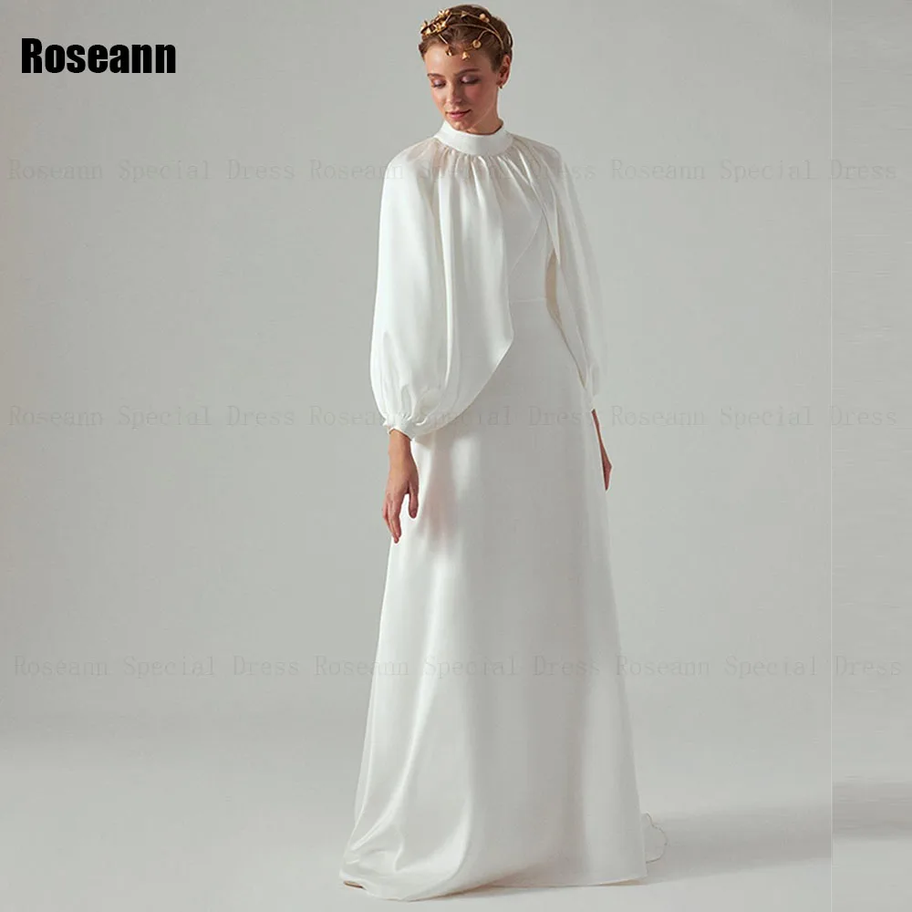 

Muslim Retro Ivory A-line Wedding Dresses High Collar Puff Sleeve Full Draped Pleat Satin Bride Gown Floor Length robe de mariée