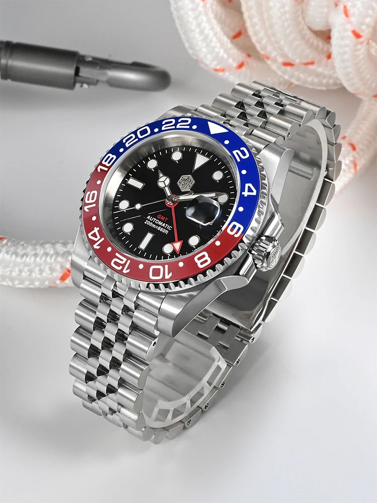 San Martin Men Automatic Mechanical Watch GMT Jubilee Bracelet Bidirectional Ceramic Bezel Sapphire Cyclops Waterproof SN0015-C