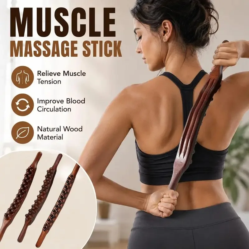 Wooden Massage Roller Stick with Beads Full Body Gua Sha Scraping Tool Deep Tissue Relief Portable Myofascial Release Muscle Pai