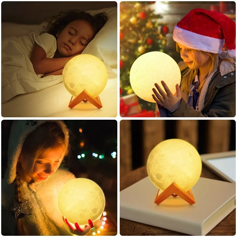 Lámpara LED de luna con estampado 3D, luz nocturna con soporte, 8CM/12CM/15CM, alimentado por batería, 7 colores cambiantes, decoración del hogar para niños