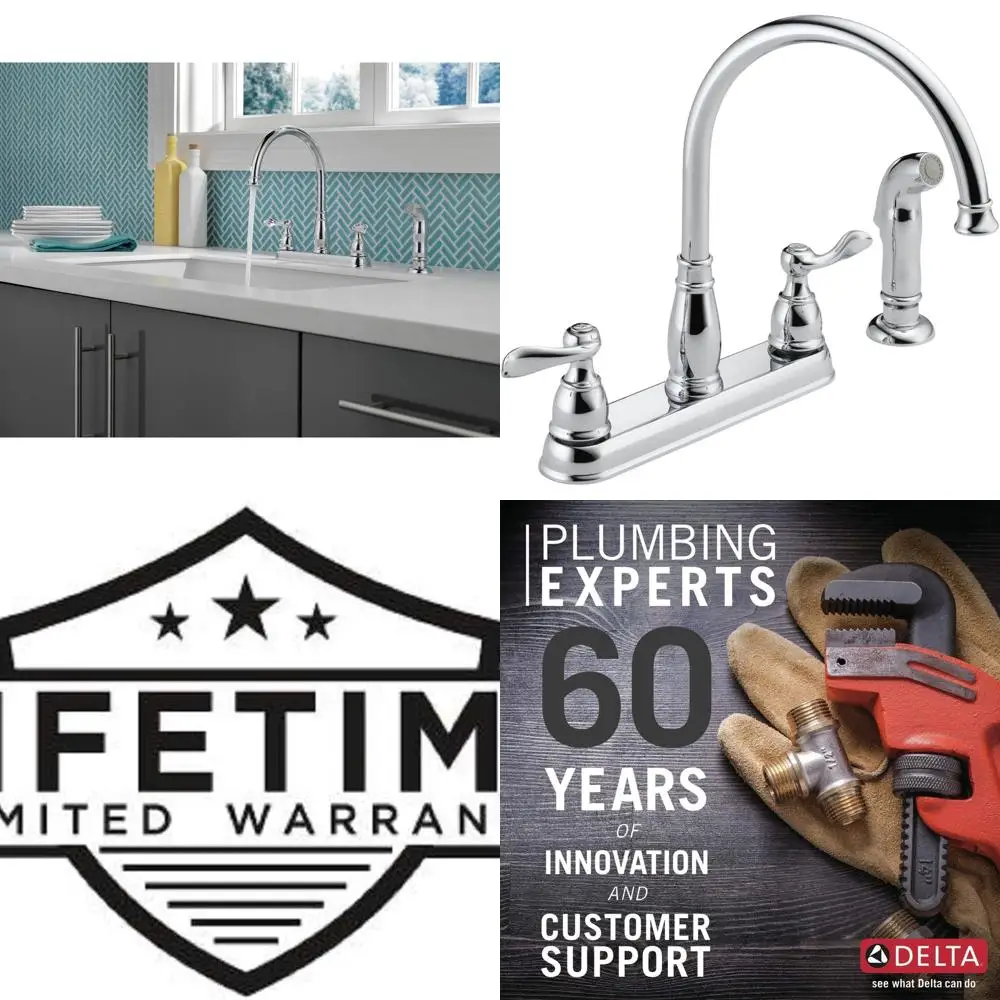 

Traditional 4-Hole Chrome Kitchen Faucet with Side Spray, Two-Handle Design, Windemere 21996LF