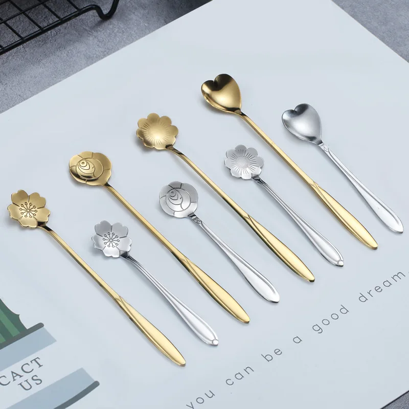 Small Spoon Tableware Stainless Steel Long Handle Stir Coffee Flower Heart Golden Dessert Fork Teaspoon Coffee Accessories