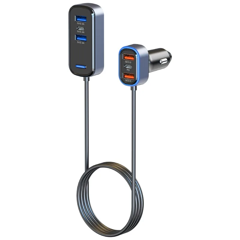 75W Fast Car Charger PD30W The Front and Rear of The 5-port Expansion Car Are Charged Simultaneously 1 Type-c 4 USB 1.5m Cabe