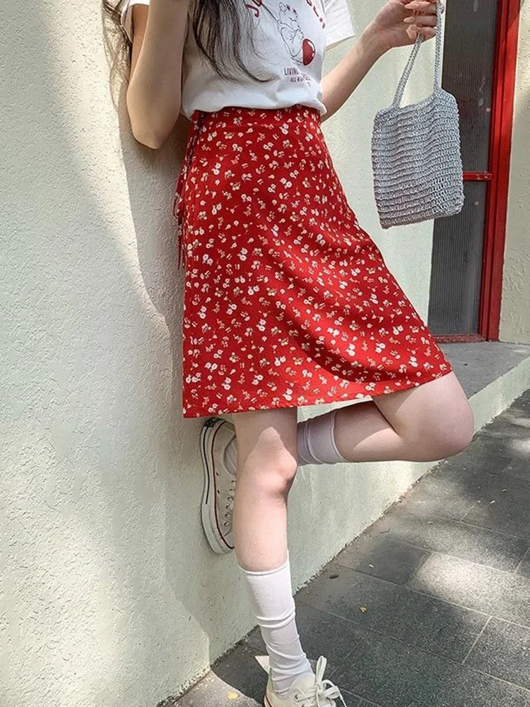 Chiffon Floral Skirt Women Summer Vintage High Waist Sweet Mini Skirts Elegant Loose Soft Female Korean Retro Sexy Lace Up Skirt