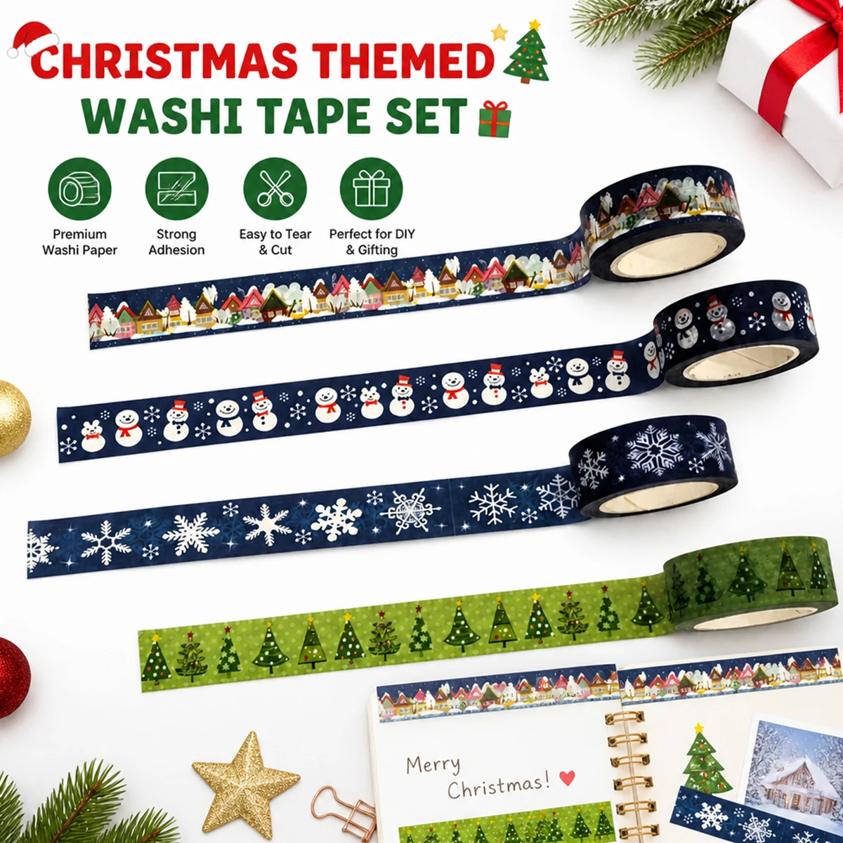 4Rolls New Christmas Vintage Washi Tape Set Santa Snowman Tree Masking Decor for DIY Crafts Scrapbook Party Gift Supplies