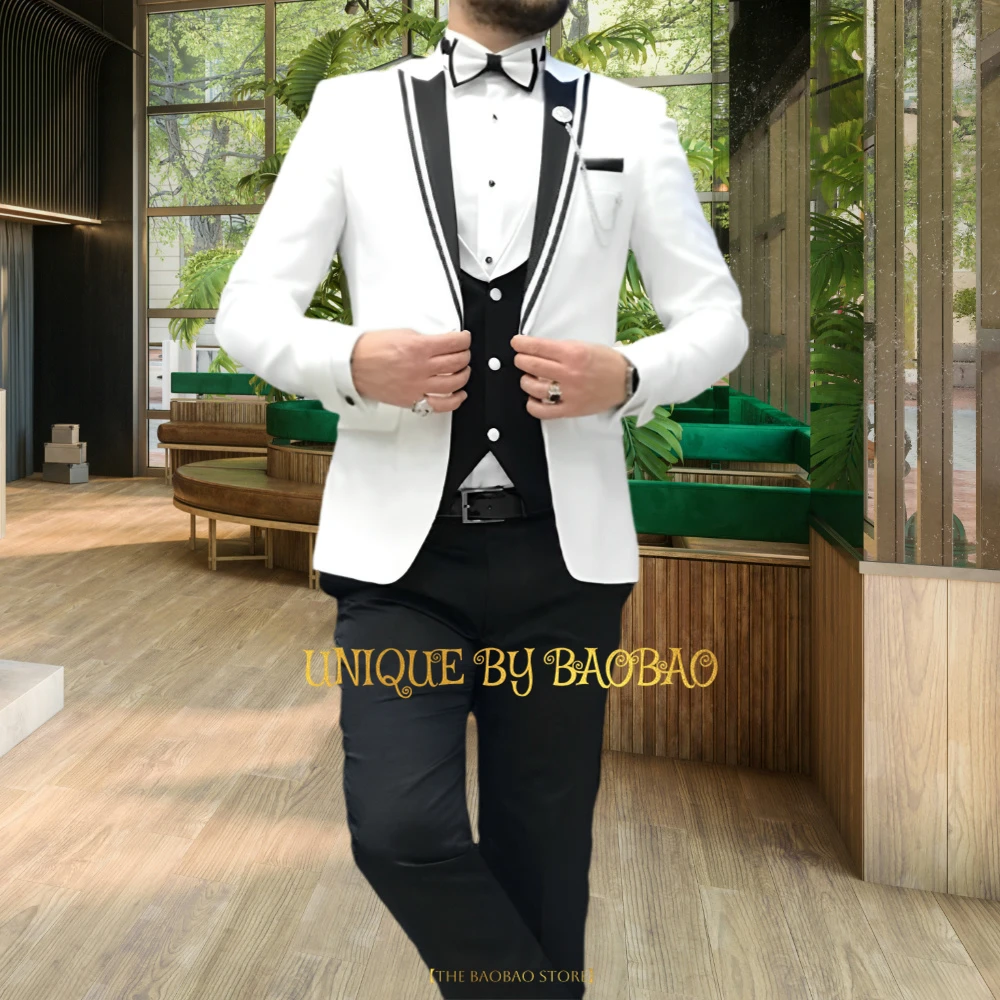 Men's white 3-piece wedding suit (jacket+vest+pants) patchwork lapel blazer engagement graduation ball conference custom tuxedo