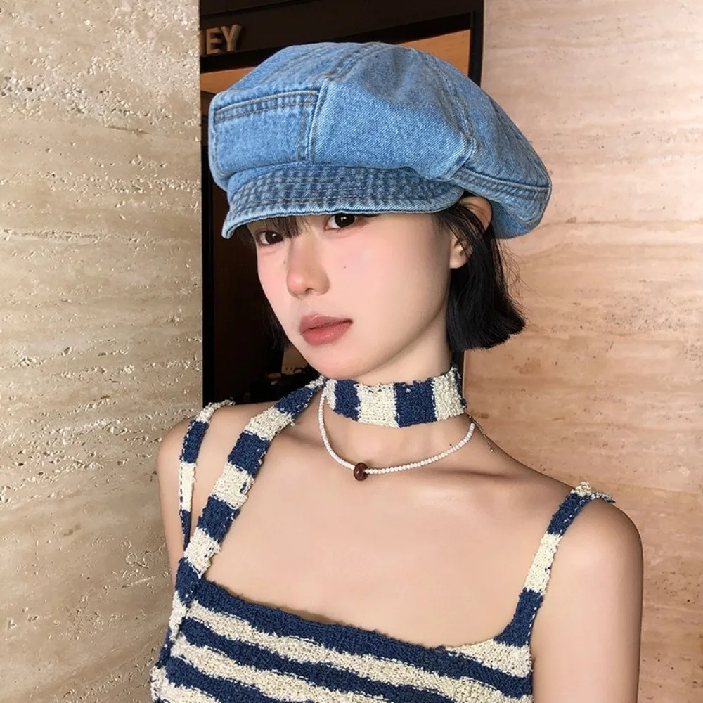 

Fashion Vintage Washed Denim Beret Cloud Newsboy Octagonal Cap Artist Visor Peaked Hat Streetwear