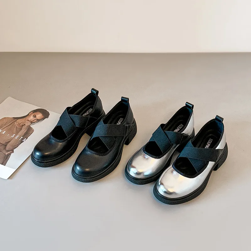 

2026 Spring Retro British Style Chunky Heel Mary Jane Shoes, Women's Cross Straps Shoes Round Toe Slip-on Commuter Leather Shoes