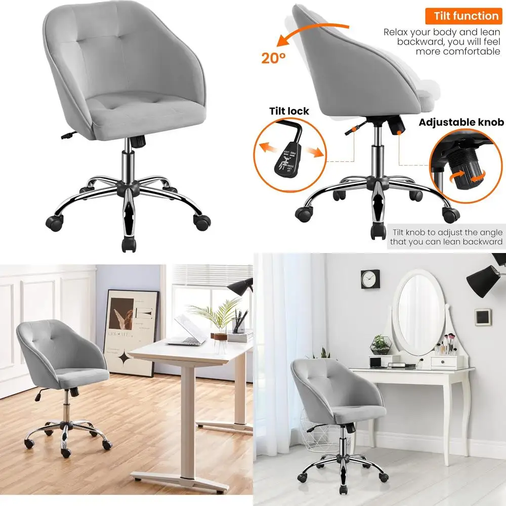 

Swivel Velvet Desk Chair with Wheels, Adjustable Height and Tilt, Cute Small Comfy Computer Chair for Home Office Use