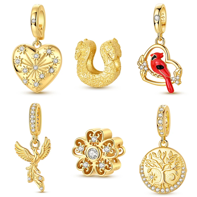 Original 925 Sterling Silver Bead Charm Golden Phoenix Heart Bird Pendant Fit Original Bracelet For Women DIY Jewelry Gift
