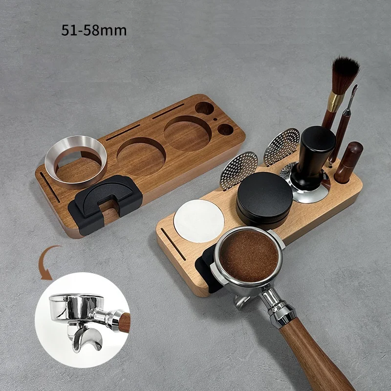 Espresso-Manipulationssockel aus Holz mit integrierter Kaffeepresse-Unterstützung aus rutschfestem Silikon für 51/54/58-mm-Siebträger-Tampfstation