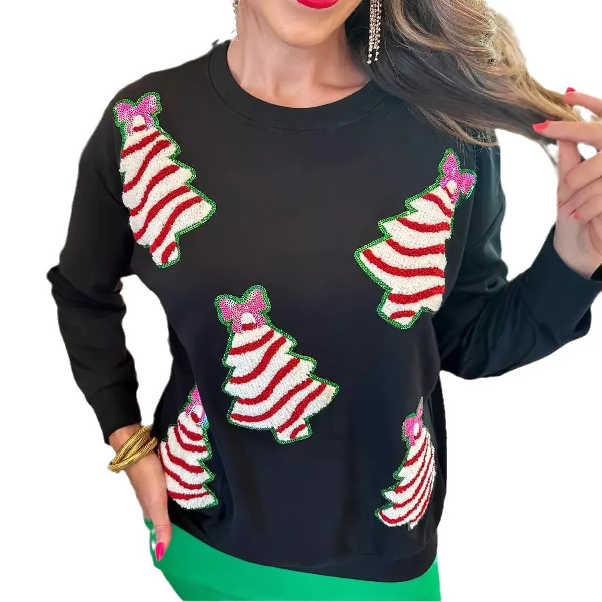 2025 nouvelle mode imprimé paillettes pull femmes automne décontracté col rond ample arbre de noël à manches longues haut pour les femmes