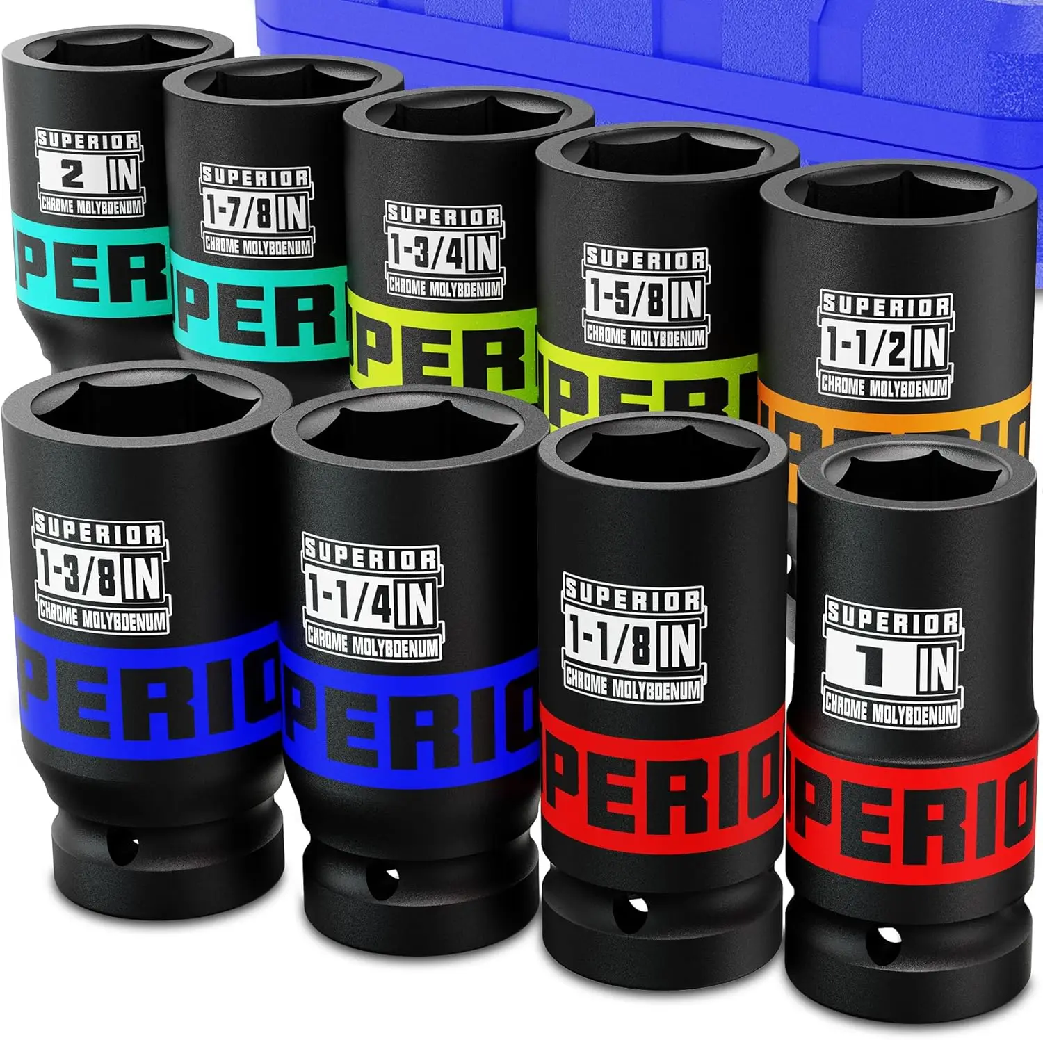 

9-Piece 1" Drive Heavy-Duty Impact Socket Set, SAE Sizes 1"-2", CR-MO Steel for Truck and Equipment Maintenance