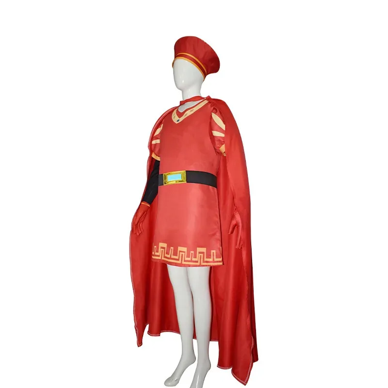 2025 aaa Shrek Lord Farquaad Cosplay Personagem Terno Vermelho com Capa Incluída; Roupa de festa de Halloween para férias de filmes de desenhos animados