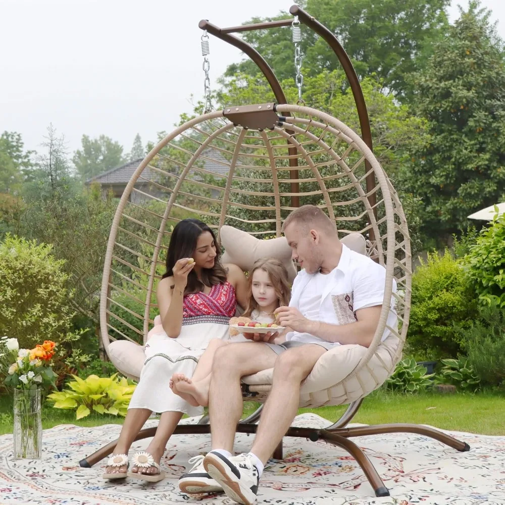 2 Person Double Egg Chair, Indoor Outdoor Patio Wicker Loveseat Hanging Chair Swing Egg Chairs with Beige Cushions Double Seats