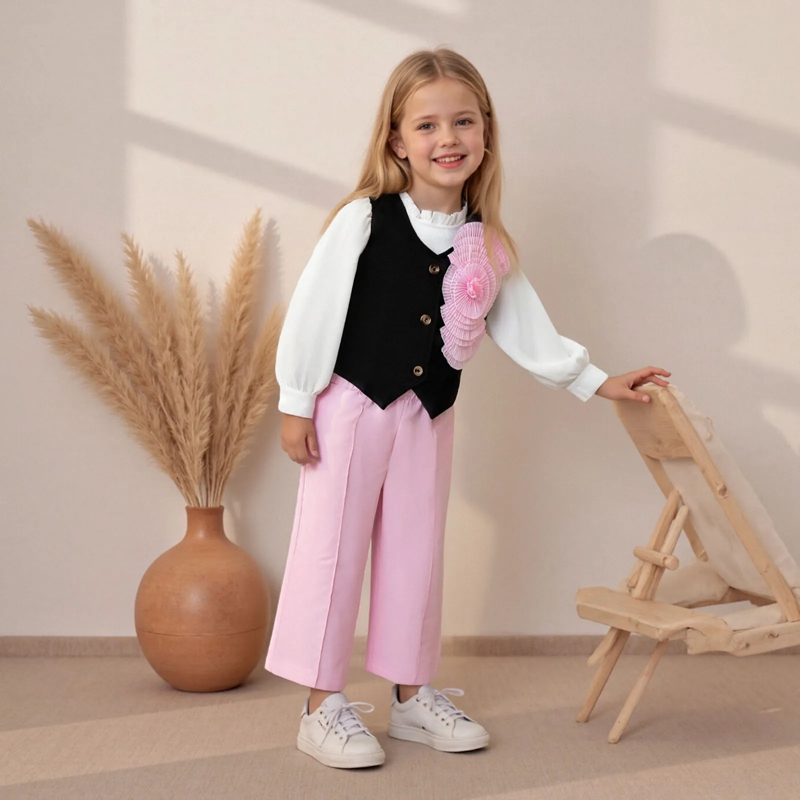 4-8y Little Girl Spring Fall Outfit Ribbed Solid Long Sleeve Tops 3D Flower Button Down Vest Pants 3 Pcs Children's Sets