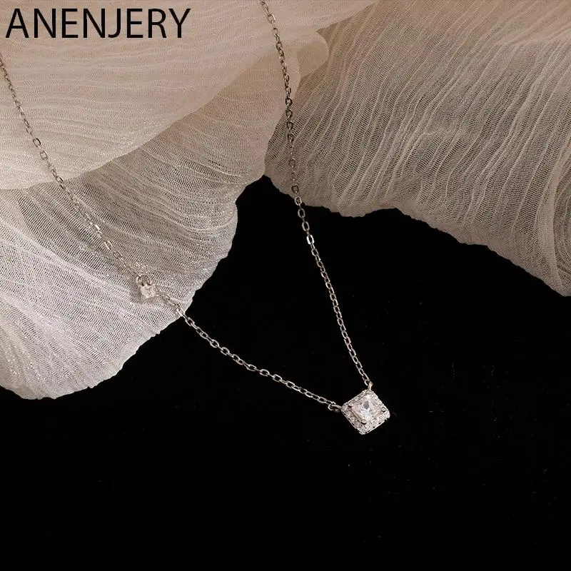 Anenjery Silber Farbe glänzend Silber Quadrat kubischen Zirkon Halskette für Frauen Hochzeit Braut Geschenk Temperament Schmuck Geschenke S-N721