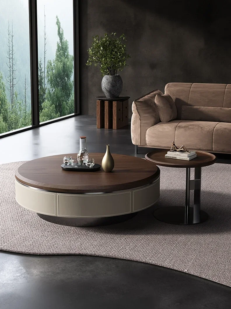Modern Simple Small Apartment Retro Style round Tea Table Light Luxury High-Grade Minimalist Tea Table Combination