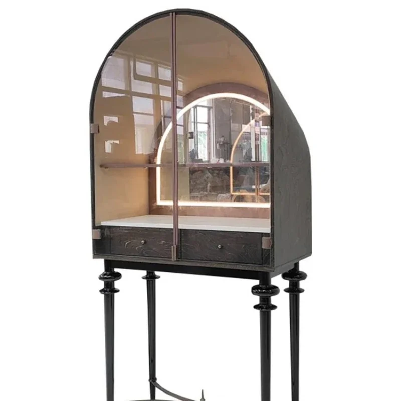 Art sense light luxury glass wine cabinet simple villa mansion creative fashion solid wood wine cabinet with lamp