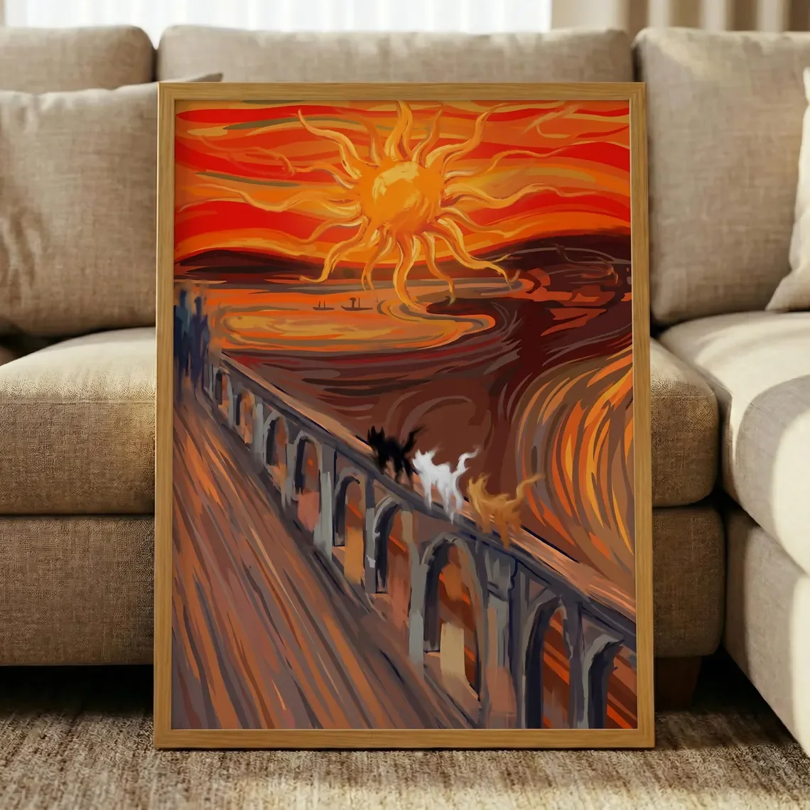 Expressionist Feline Poster, Funny Art History Decor, Orange Sunset Painting, Cat Gift