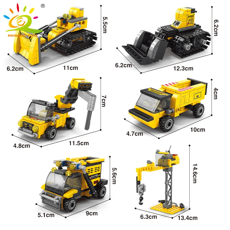 HUIQIBAO 535pcs 6in1 Engineering Truck Building Blocks City Construction Bulldozer Crane Car Bricks Set For Children TOYS Kids