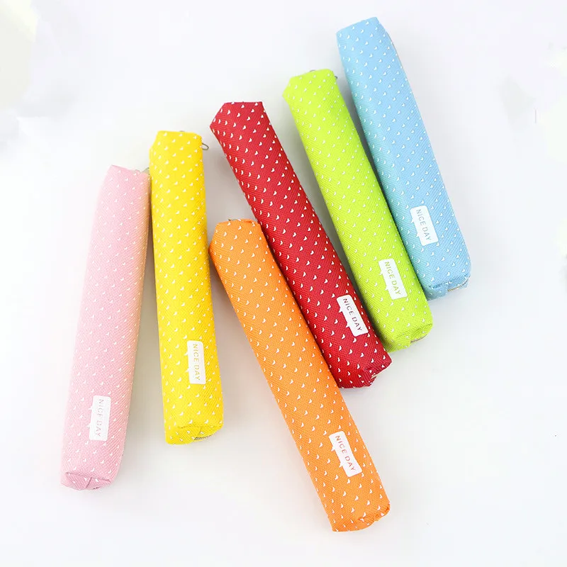 1 Pcs New Cute Candy Color Pencil Case Kawaii Dot Canvas Pen Bag Stationery Pen Pouch For Girls Gift Office School Supplies