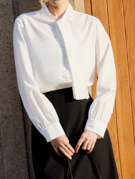 Dushu חולצת צווארון סדירה לנשים 2024 בסגנון חדש סתיו עיצוב ייחודי חולצה לבנה רופפת גברת משרד העליון אלגנטי 24ds83204