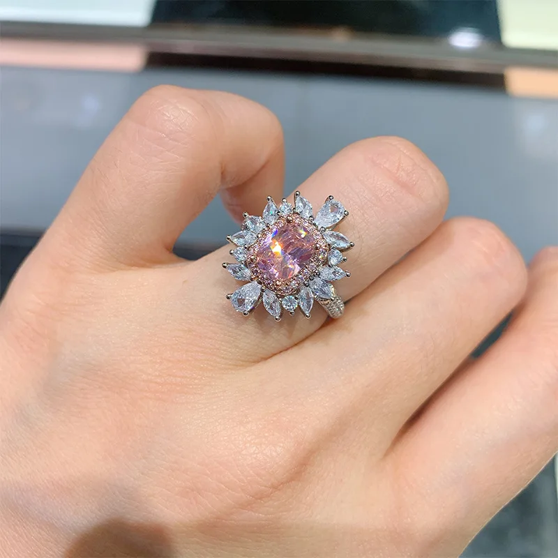 Vintage Style Pink Diamond Yellow Diamond Ring Adjustable Main Stone 6*8 Zircon Ring for Women