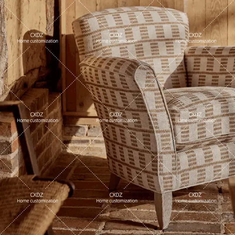 Medieval Solid Wood Sofa Chair Small Apartment Plaid Fabric Single Sofa Retro Living Room Leisure Chair