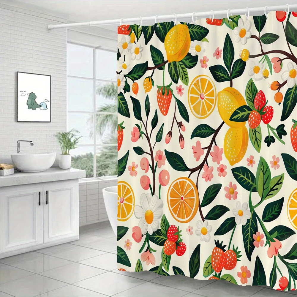 Fresh Summer Fruit Botanical Shower Curtain Polyester Digital Printed Colorful Repeat Pattern of Lemons, Strawberries