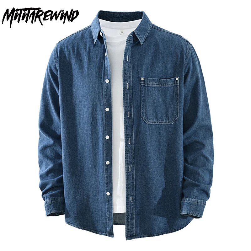 

Casual New Long Sleeve Denim Shirt Men Spring Fall Japanese Style Jean Shirts Male Lapel Pocket Pure Cotton Cowboy Top Simple