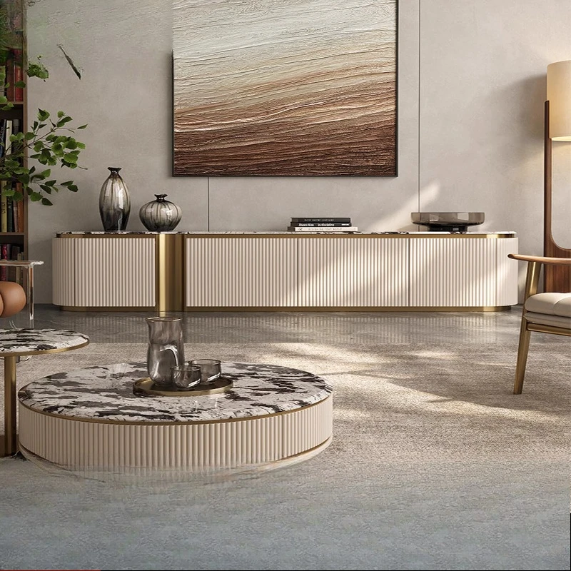 

Light luxury high-style marble TV cabinet, living room home Italian minimalist villa solid wood super crystal stone floor cabine