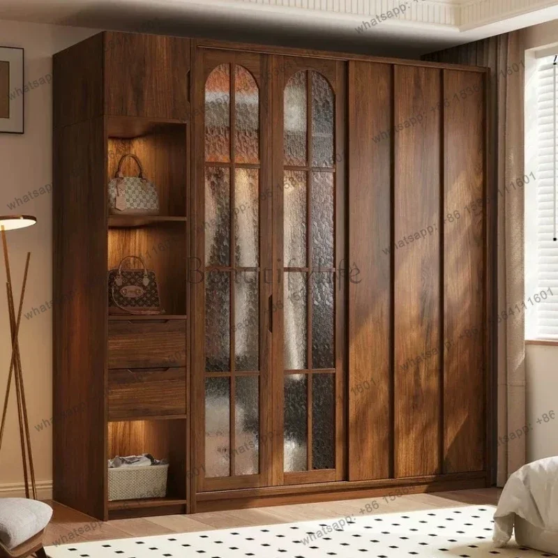 Factory Direct Walnut Combination Wardrobe Glass Doors Closet Open Display Shelves Top Cabinet Large Capacity Bedroom Clothes St