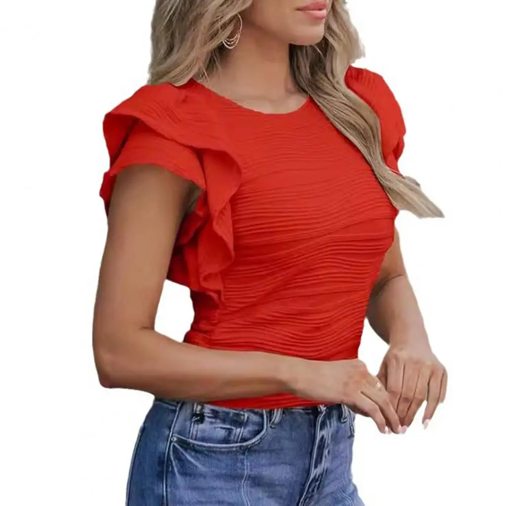 Crew Neck Top Stylish Women's Casual T-shirt with Ruffle Short Sleeve Slim Fit Pleated Blouse Dressy Crewneck Streetwear for A