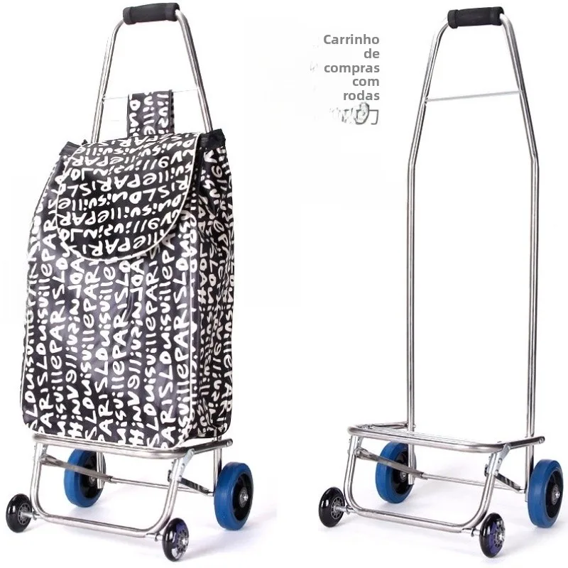 stainless-steel-shopping-cart-non-folding-four-wheel-hand-pulled-vegetable-buying-lightweight-portable-home-tow-truck