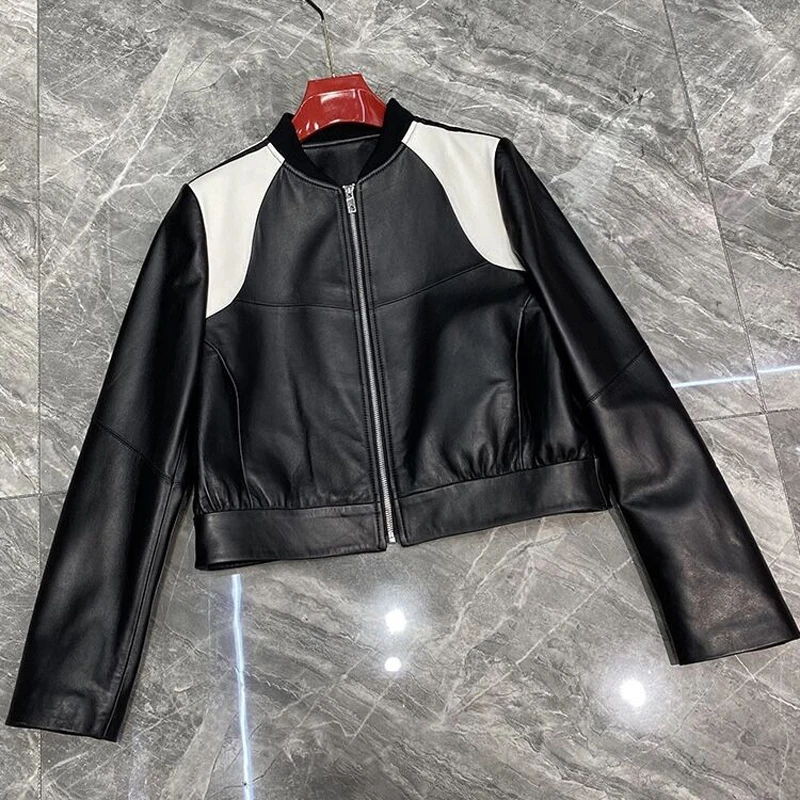 Women Genuine Leather Baseball Uniform Jacket Black 2023 Spring Female O-Neck Short Coat Mujer Outwear Blazer Streetwear