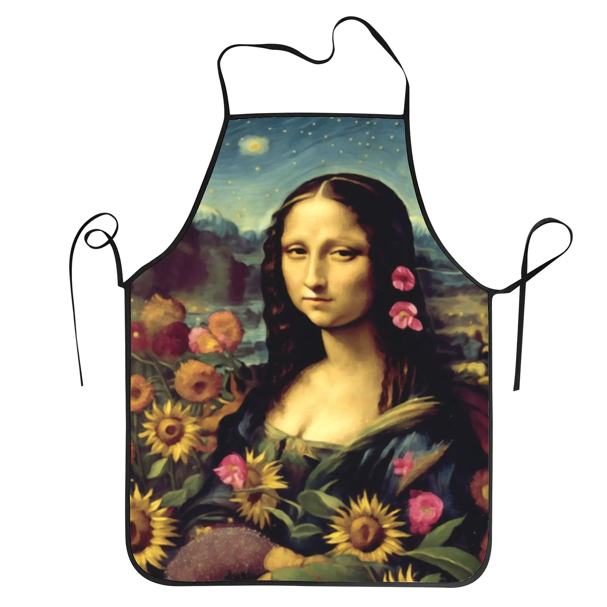 

Starry Night Sunflower Mona Lisa Apron Cooking Fashionable Kitchen Accessories Barber Home Aprons without Pocket