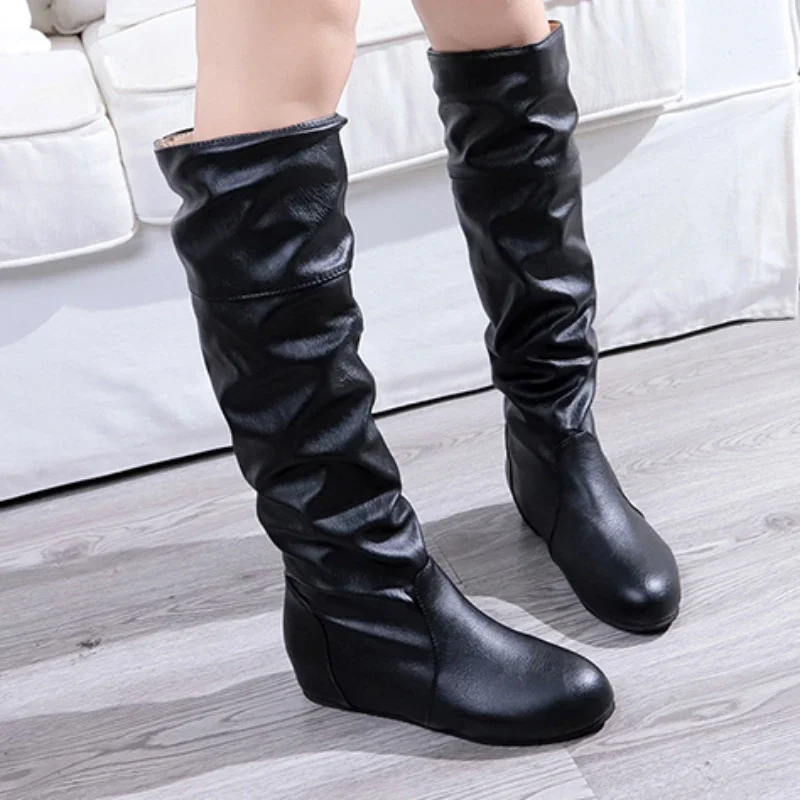 Autumn New Women\'s Thigh High Boots Fashion Plus Size Pionted Toe Wrinkle Flat Knee High Knight Boots for Women Botas De Mujer