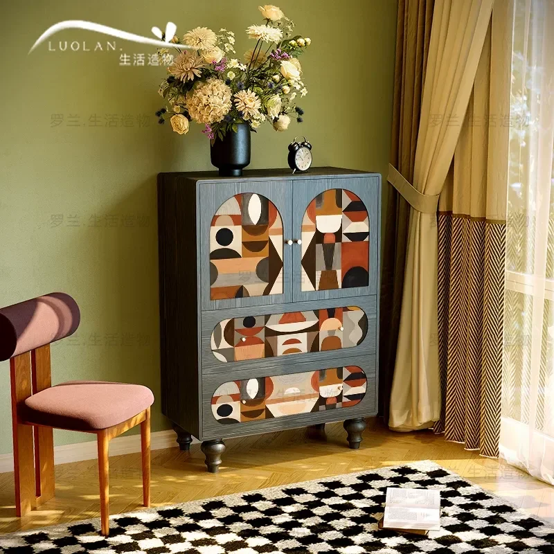 Art Geometric Chest Solid Wood Porch Bedroom Bedside Storage Decorative Cabinet Living Room Storage Dining Side Stand Cabinet