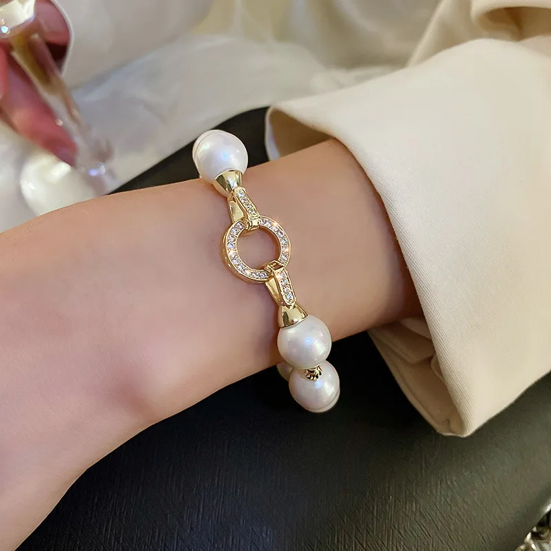 Big Size Imitation Pearl Chain Bracelet Real Gold Plated Inlaid Zircon Bracelets Bangles for Women Elegant Wristband Jewelry K1