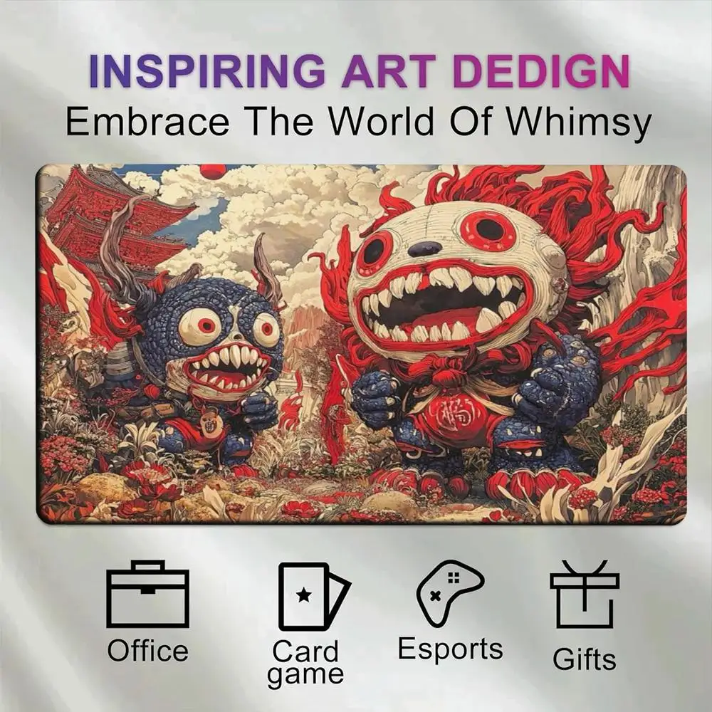 Ukiyo-e Chibi Yokai Monster Large Gaming Desk Mat Cute Japanese Oni Red Blue Demon Vintage Art Premium Non Slip Rubber TCG Play