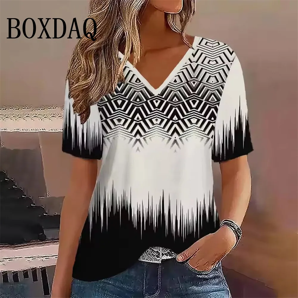 

Летняя женская футболка с v-образным вырезом в полоску с градиентным острым вырезом, модные уличные топы с короткими рукавами, женская одежда больших размеров