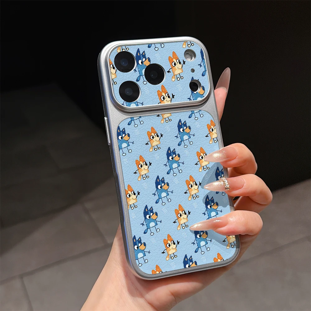 Funda de piel de oveja Corning con diseño de dibujos animados Bluey para iPhone 17 Air 16 15 14 13 Pro Max Plus, cubierta Y2K de piel de cordero con ribete plateado