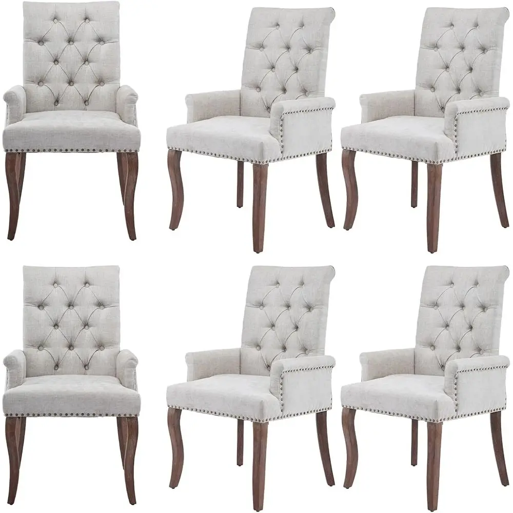 

6-Piece Upholstered Dining Set with Armrests and Solid Wood Legs in Beige Chenille