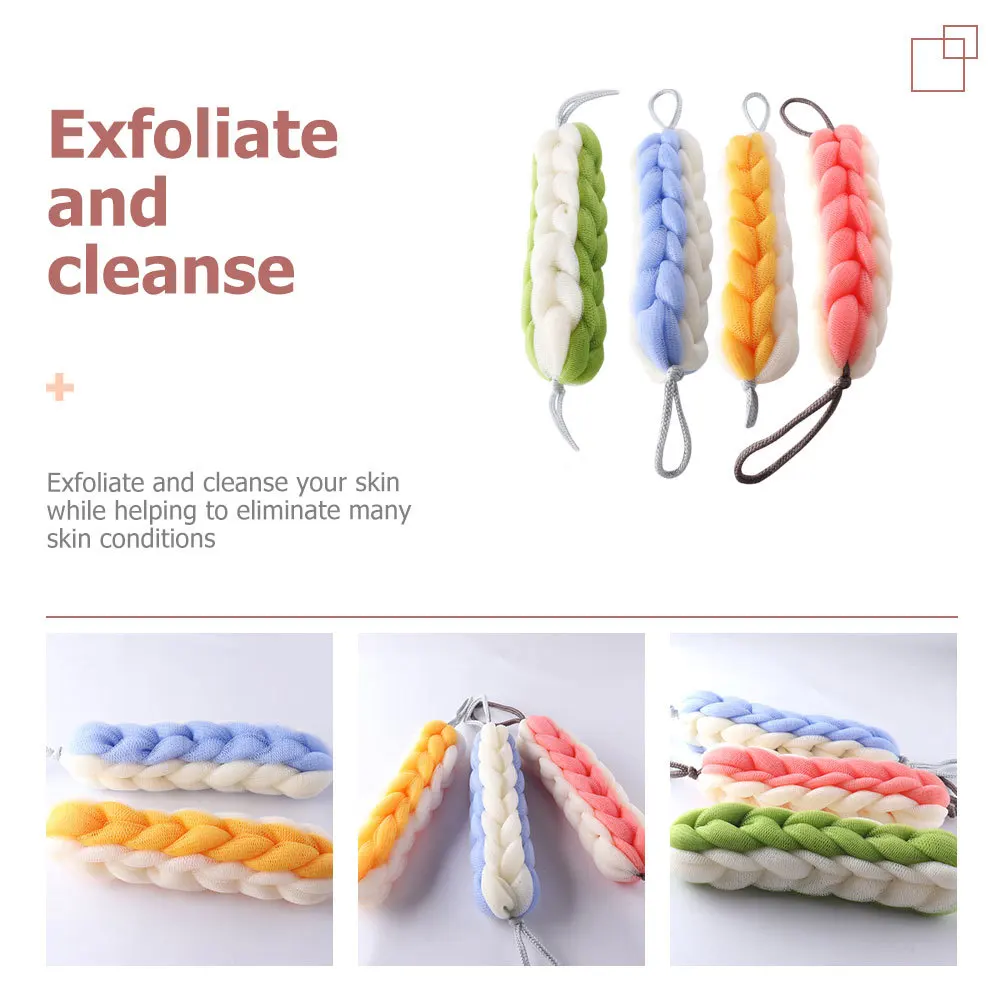 

4pcs Double Color Bath Strip Woven Exfoliating Back Scrubber For Body Shower Cleansing Long Handle Bathing Accessories